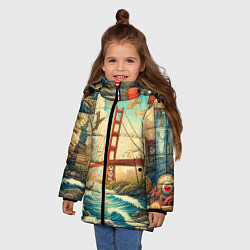 Куртка зимняя для девочки Мост через реку и пэчворк - нейросеть арт USA brid, цвет: 3D-черный — фото 2