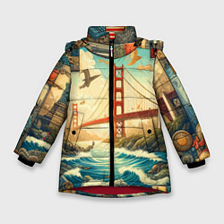 Куртка зимняя для девочки Мост через реку и пэчворк - нейросеть арт USA brid, цвет: 3D-красный