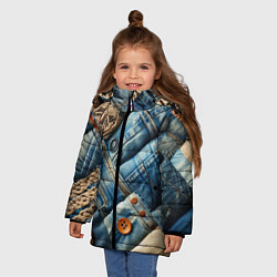 Куртка зимняя для девочки Джинсовый пэчворк с пуговицами - мода, цвет: 3D-черный — фото 2