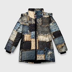 Куртка зимняя для девочки Заплатки пэчворк на джинсе, цвет: 3D-черный