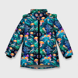 Куртка зимняя для девочки Морские медузы паттерн, цвет: 3D-светло-серый