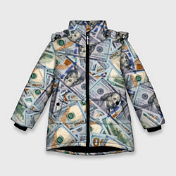 Куртка зимняя для девочки Банкноты сто долларов, цвет: 3D-черный