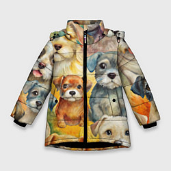 Куртка зимняя для девочки Красочный паттерн с щенками, цвет: 3D-черный
