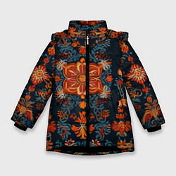 Куртка зимняя для девочки Текстуры в славянском стиле, цвет: 3D-черный