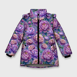 Куртка зимняя для девочки Крупные пионы садовые дачные цветы паттерн, цвет: 3D-светло-серый