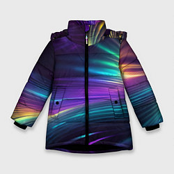 Куртка зимняя для девочки Неоновые лучи на фиолетовом фоне, цвет: 3D-черный