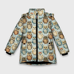 Куртка зимняя для девочки Совы птицы паттерн, цвет: 3D-черный