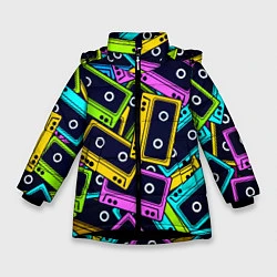 Куртка зимняя для девочки Неоновые кассеты, цвет: 3D-черный