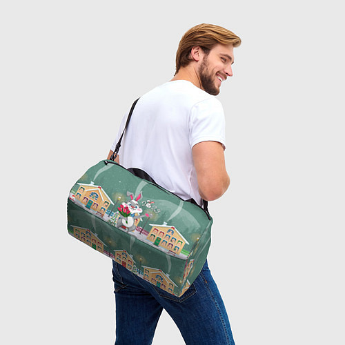 Спортивная сумка Заяц с цветами новогодний / 3D-принт – фото 3