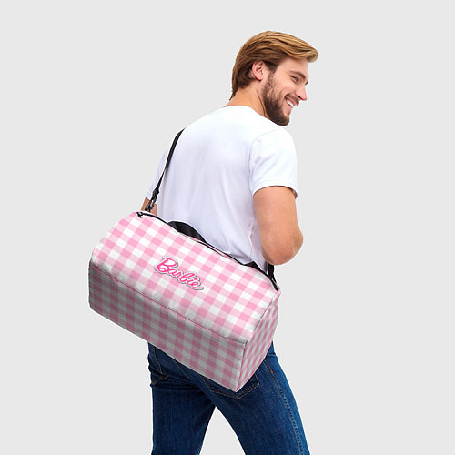 Спортивная сумка Барби лого розовая клетка / 3D-принт – фото 3