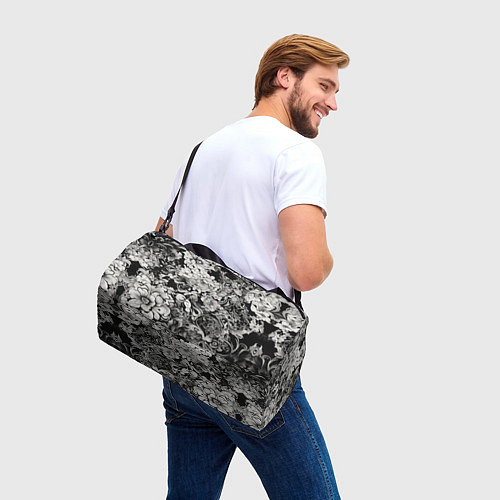 Спортивная сумка Чёрно белый цветочны узор / 3D-принт – фото 3