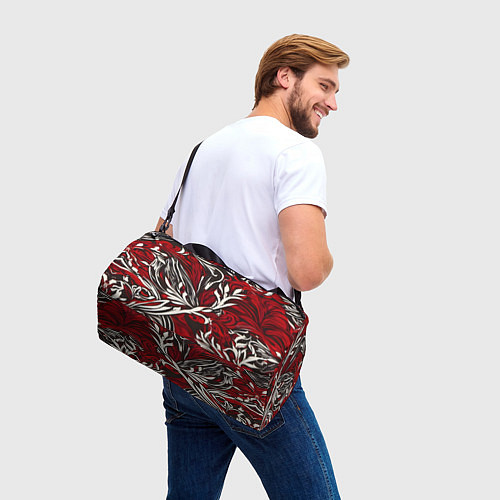 Спортивная сумка Красно белый узор на чёрном фоне / 3D-принт – фото 3