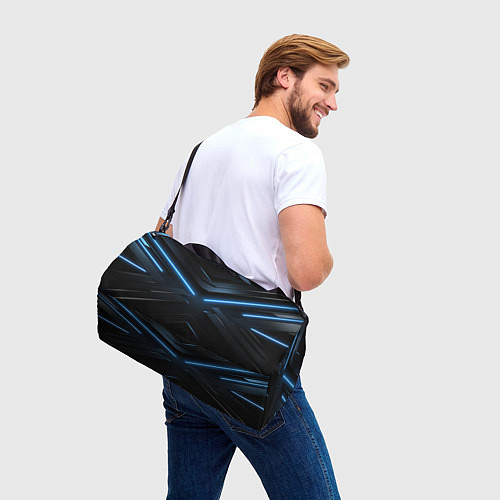 Спортивная сумка Синяя неоновая полоса на черном фоне / 3D-принт – фото 3