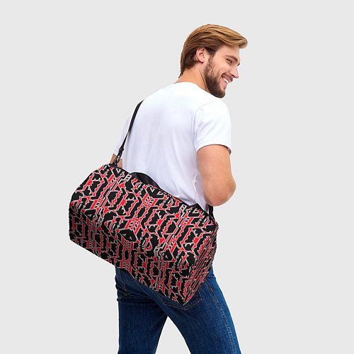 Спортивная сумка Техно красные линии с белой обводкой на чёрном фон / 3D-принт – фото 3