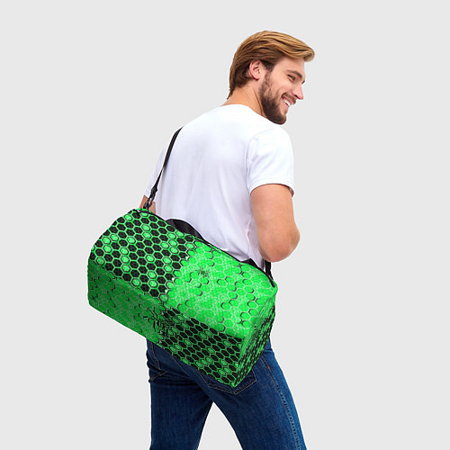 Спортивная сумка Техно-киберпанк шестиугольники зелёный и чёрный с / 3D-принт – фото 3