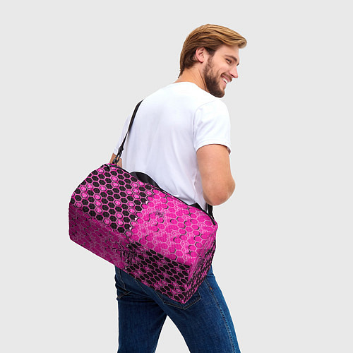 Спортивная сумка Техно-киберпанк шестиугольники розовый и чёрный с / 3D-принт – фото 3