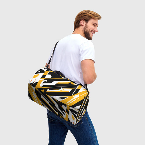 Спортивная сумка Жёлто-белые широкие линии на чёрном фоне / 3D-принт – фото 3