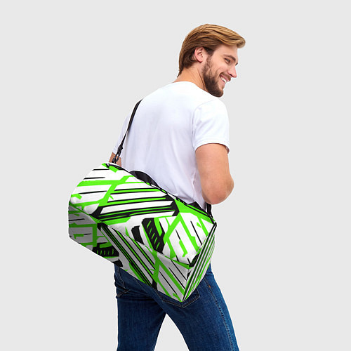 Спортивная сумка Чёрно-зелёные полосы на белом фоне / 3D-принт – фото 3