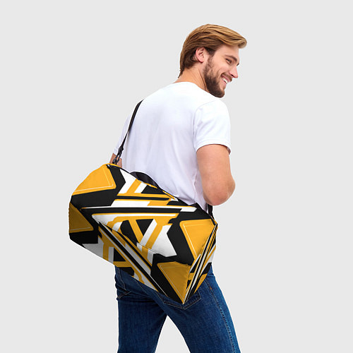 Спортивная сумка Чёрно-белые полосы и фигуры на жёлтом фоне / 3D-принт – фото 3