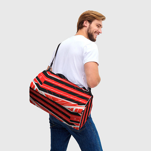 Спортивная сумка Чёрно-белые полосы на красном фоне / 3D-принт – фото 3