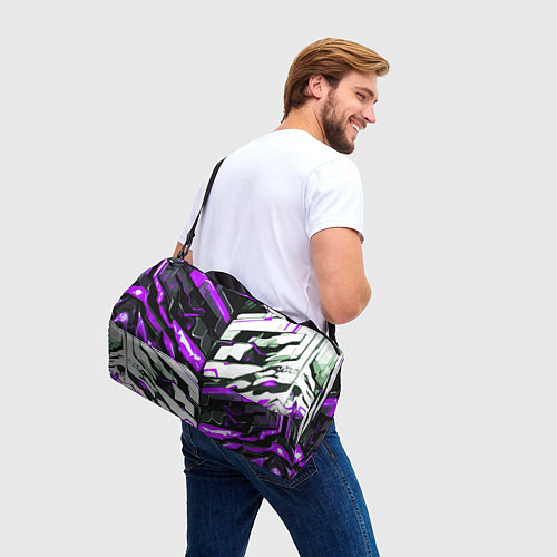 Спортивная сумка Хаотичная фиолетово-белая абстракция на чёрном фон / 3D-принт – фото 3