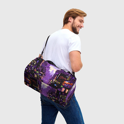 Спортивная сумка Киберпанк город фиолетовый / 3D-принт – фото 3