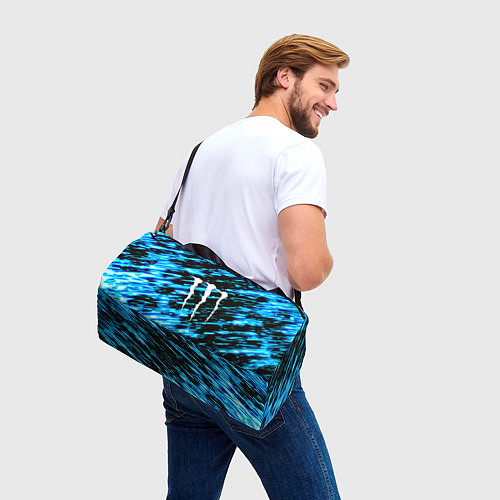 Спортивная сумка Monster energy штрихи голубых неоновых красок / 3D-принт – фото 3