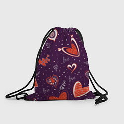 Рюкзак-мешок Красно-белые сердечки и слово love на темно фиолет, цвет: 3D-принт
