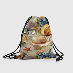 Рюкзак-мешок Морские раковины, кораллы, морские звёзды на песке, цвет: 3D-принт