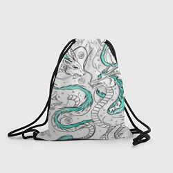 Рюкзак-мешок Дракон Хаку в стиле тату: белый и бирюзовый паттер, цвет: 3D-принт