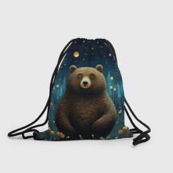 Рюкзак-мешок Мишка в ночном лесу в стиле фолк-арт, цвет: 3D-принт