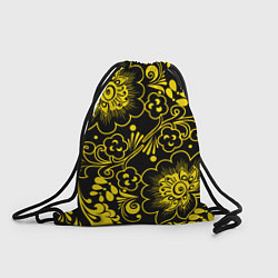 Рюкзак-мешок Хохломская роспись золотые цветы на чёроном фоне, цвет: 3D-принт