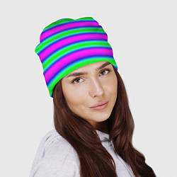 Шапка Зеленый и фиолетовые яркие неоновые полосы striped, цвет: 3D-принт — фото 2