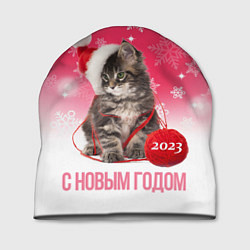 Шапка Новогодний котенок на розовом фоне, цвет: 3D-принт