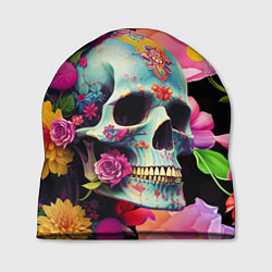 Шапка Skull on a background of flowers - irezumi, цвет: 3D-принт