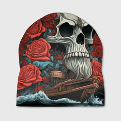 Шапка Череп викинга на корабле с розами в стиле тату ире, цвет: 3D-принт