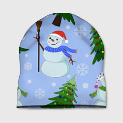 Шапка Снеговики с новогодними елками паттерн, цвет: 3D-принт