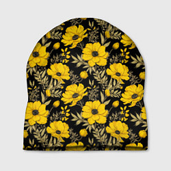 Шапка Желтые цветы на черном фоне паттерн, цвет: 3D-принт