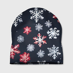 Шапка Снежинки белые и красные, цвет: 3D-принт