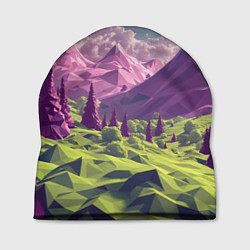 Шапка Геометрический зеленый пейзаж и фиолетовые горы, цвет: 3D-принт