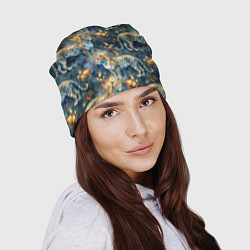 Шапка Леопард и золотые капли на синем фоне, цвет: 3D-принт — фото 2