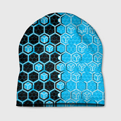 Шапка Техно-киберпанк шестиугольники голубой и чёрный