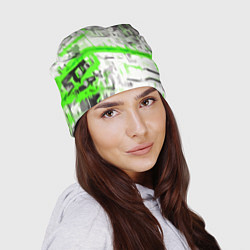 Шапка Бело-зелёная абстракция на чёрном фоне, цвет: 3D-принт — фото 2