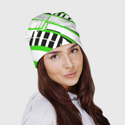 Шапка Зелёно-чёрные полосы на белом фоне, цвет: 3D-принт — фото 2