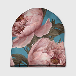 Шапка Розовые пионы на голубом, цвет: 3D-принт