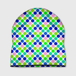 Шапка Разноцветный синий розовый зеленый горох на белом, цвет: 3D-принт