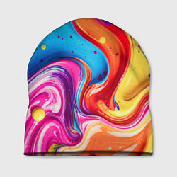 Шапка Смесь красно-жёлто-голубых масляных красок абстрак, цвет: 3D-принт