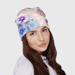 Шапка Нежный голубой цветочный с золотистым свечением, цвет: 3D-принт — фото 2