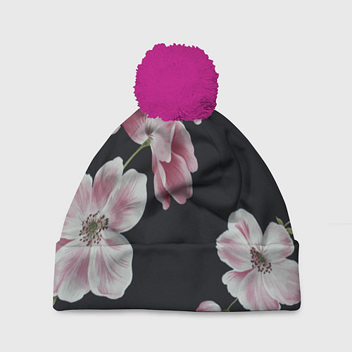 Шапка c помпоном Цветы на черном фоне / 3D-Малиновый – фото 1