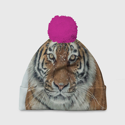 Шапка c помпоном Тигр в снегу / 3D-Малиновый – фото 1
